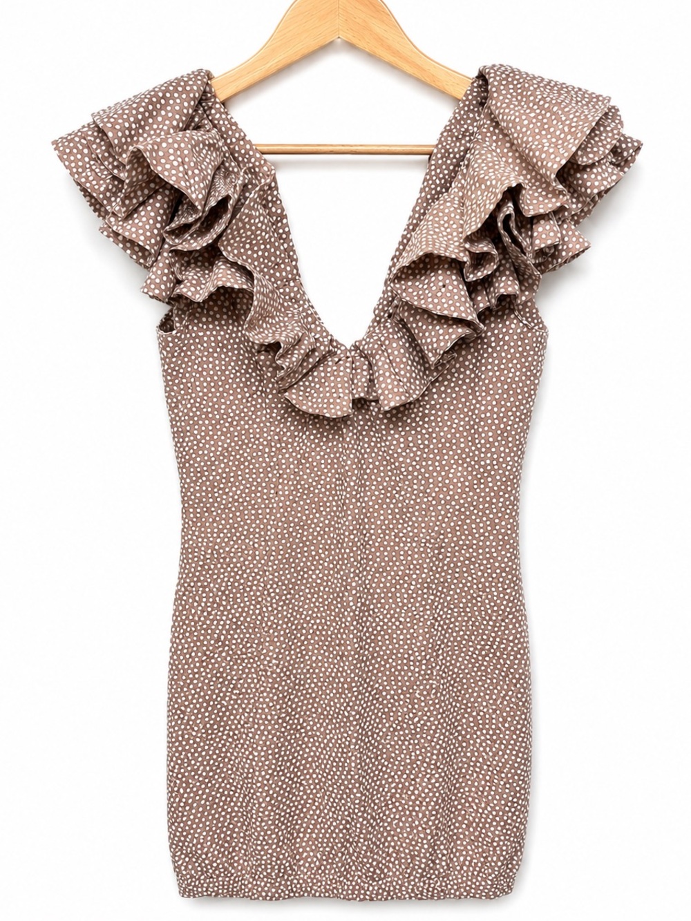 Bardot Polka Dot Linen Blend Ruffle Mini Dress Taupe Cottagecore Size 4 Summer - Picture 2 of 13